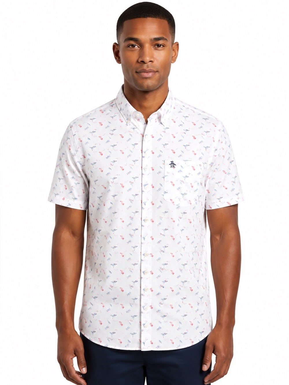 Original Penguin 100% COTTON Short Sleeve Shirt LARGE sunglasses print blue red